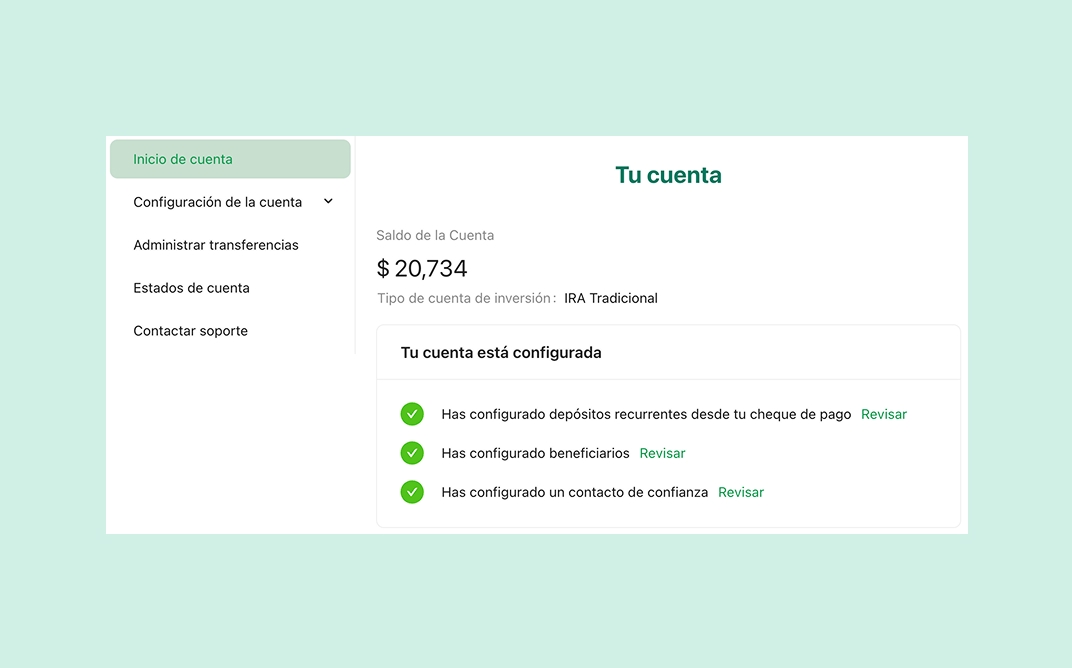 Captura de pantalla del panel de cuenta